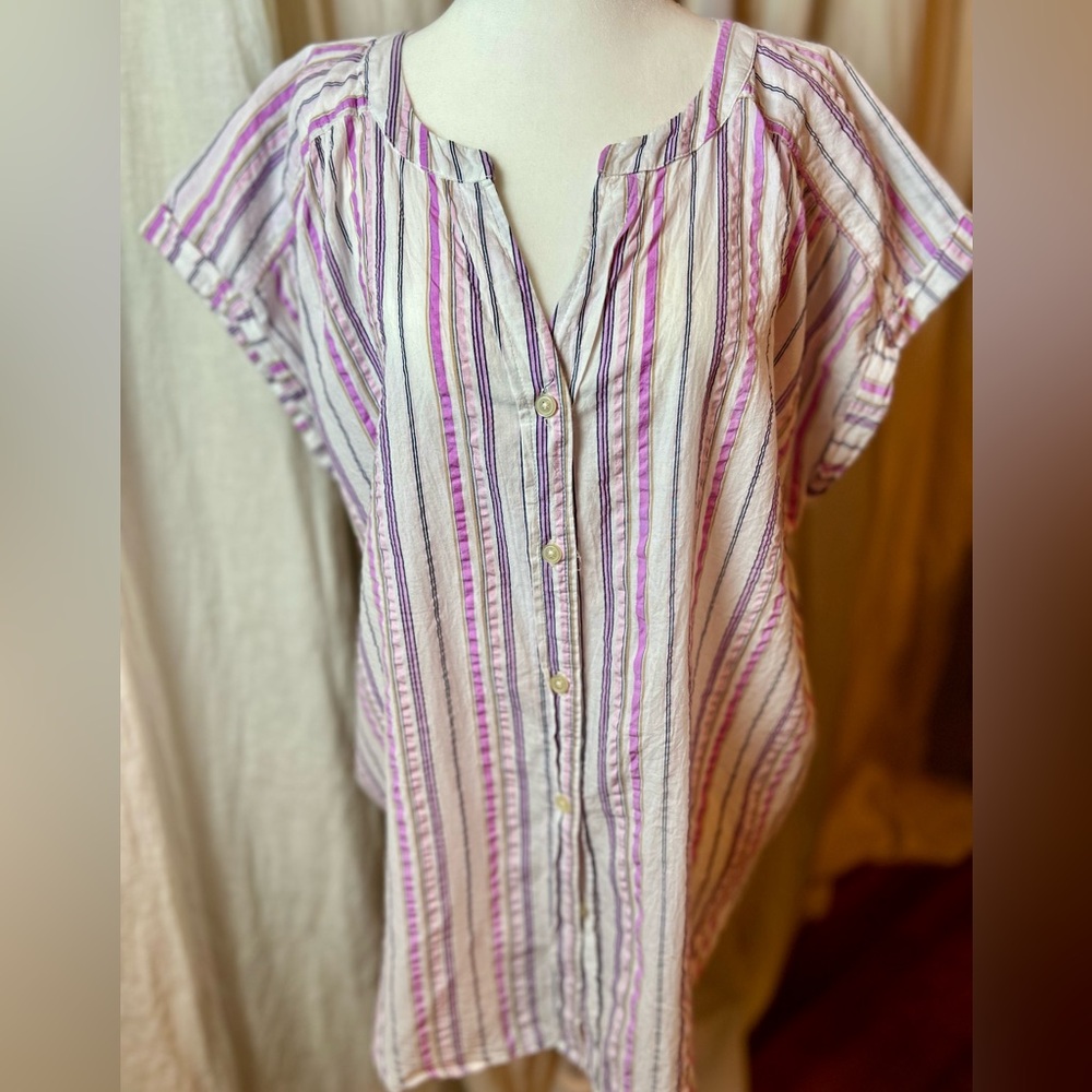 LOFT Striped Cotton Blouse | Pink Purple Flutter Sleeve Tunic XL Crinkly Cotton